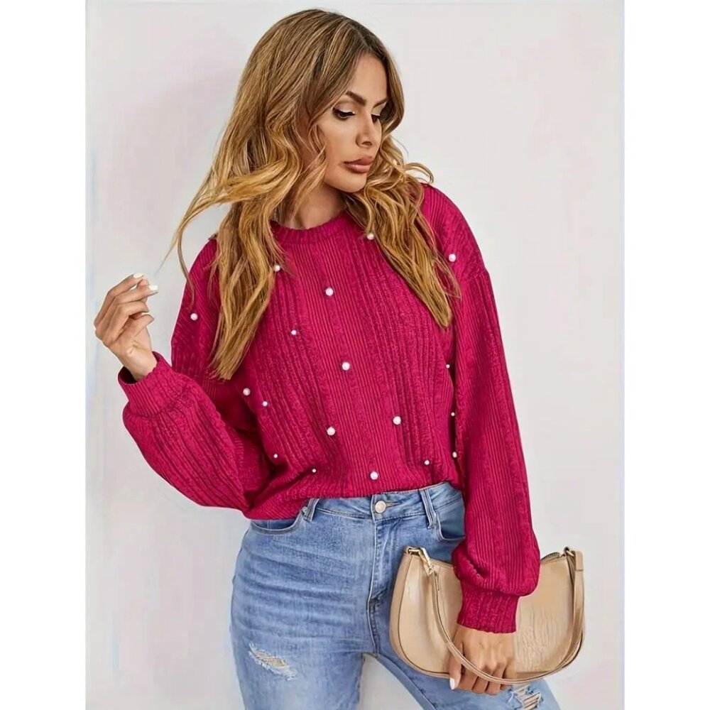 Elegant Beaded Lantern Sleeve Top for Women – Spring & Fall